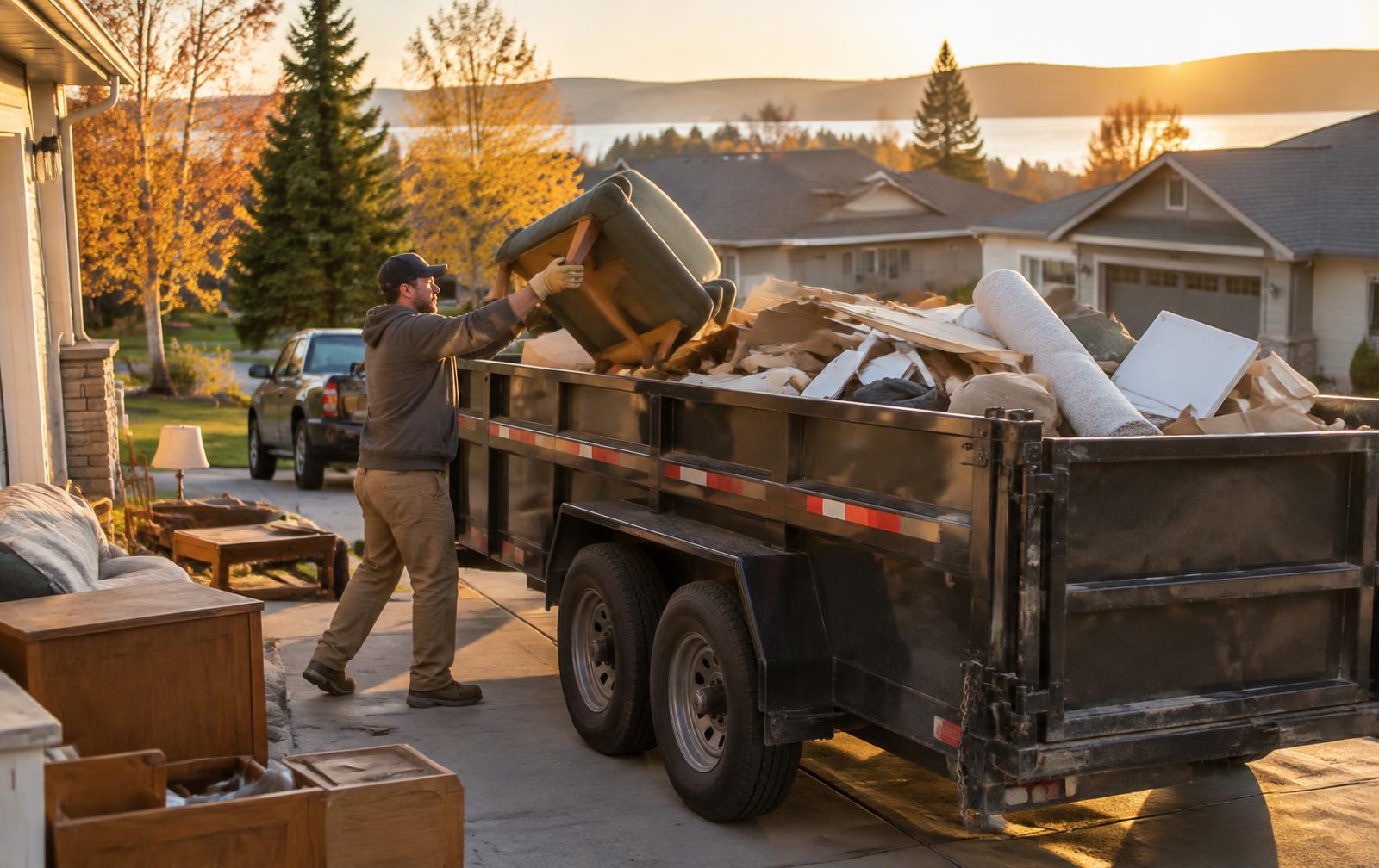 A dump trailer being loaded with junk at a residential driveway in Lacombe